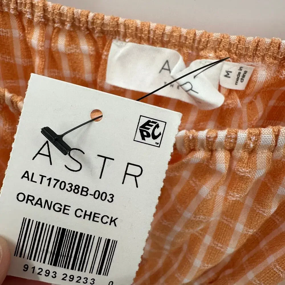 ASTR THE LABEL NWT Orange Plaid  Check Puff Sleeve Smocked Blouse // M